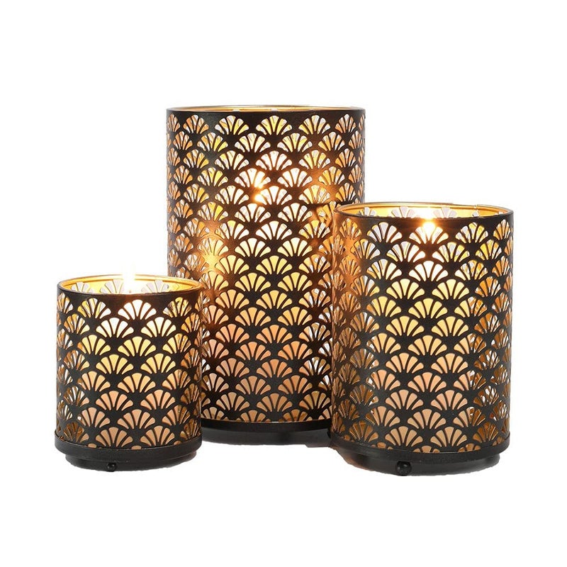 JHY DESIGN Set of 3 Metal Candle Holders Bronze Hurricane Pillar Candleholder Vintage Table Candlestick Holders Great Centerpieces for Home Decor Wedding Parties Events - Image 1