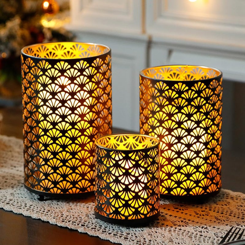 JHY DESIGN Set of 3 Metal Candle Holders Bronze Hurricane Pillar Candleholder Vintage Table Candlestick Holders Great Centerpieces for Home Decor Wedding Parties Events - Image 3