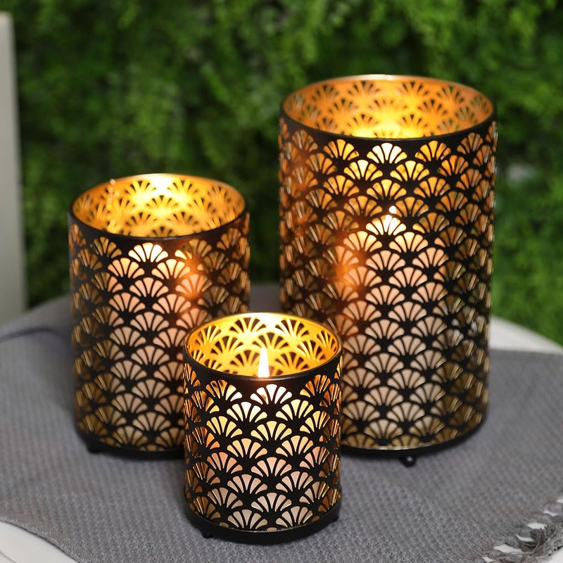 JHY DESIGN Set of 3 Metal Candle Holders Bronze Hurricane Pillar Candleholder Vintage Table Candlestick Holders Great Centerpieces for Home Decor Wedding Parties Events - Image 2