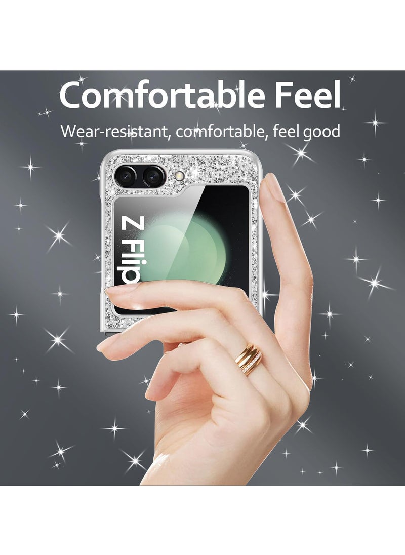 SYOSI جراب Z Flip 5 Glitter لهاتف Samsung Galaxy Z Flip5 5G للنساء والفتيات، جراب فاخر مرصع بأحجار الراين اللامعة والألماس لهاتف Samsung Flip 5، جراب كريستالي لامع مقاس 6.7 بوصة (فضي)  - Image 3