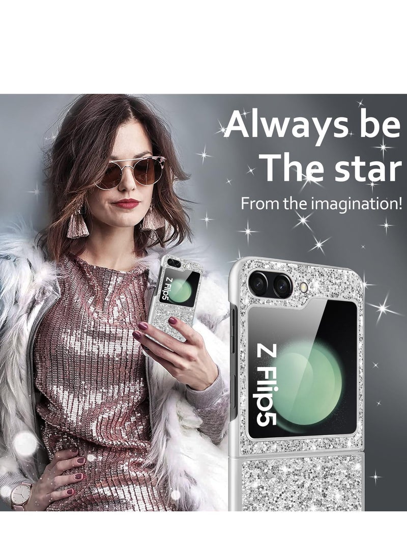 SYOSI جراب Z Flip 5 Glitter لهاتف Samsung Galaxy Z Flip5 5G للنساء والفتيات، جراب فاخر مرصع بأحجار الراين اللامعة والألماس لهاتف Samsung Flip 5، جراب كريستالي لامع مقاس 6.7 بوصة (فضي)  - Image 5