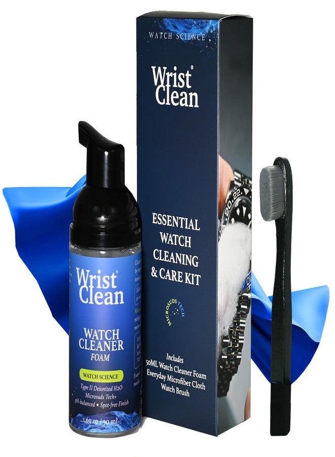 WristClean Essential Watch Cleaning Kit | Safe on all Metals & Crystals | (1x) Watch Cleaner Foam 50ML, (1x) Everyday Watch & Jewelry Cleaning Cloth 10"x10", (1x) Watch Cleaning Brush | USA Made (3 piece set) - Image 1