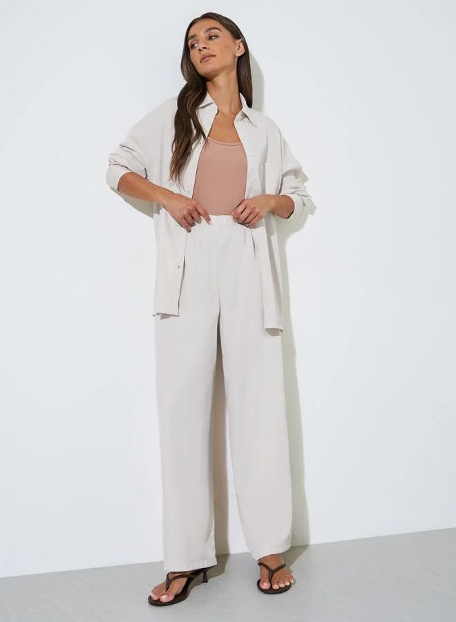 Beige Solid Long Sleeves Shirt and Wide Leg Trousers Set