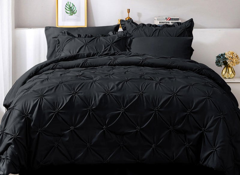 JOLLYVOGUE Queen Comforter Set 7 Pieces Black Bed in a Bag Comforter Set for Bedroom Bedding Comforter Sets with Comforter SheetsRuffled Shams  Pillowcases
