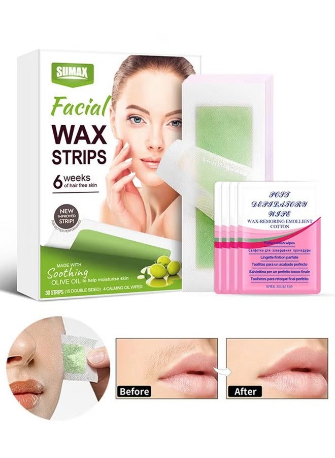 SUMAX Facial Wax Strips, Wax Strips for Hair Removal, Double Sides Facial Body Wax Strips, Waxing Kit with 30 Face Wax Strips and 4 Calming Oil Wipes, Ideal for Home Waxing - Image 1