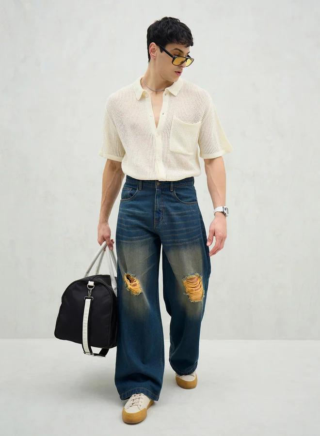 SASSAFRAS Men Blue Washed Distressed Knee Wide Leg Jeans