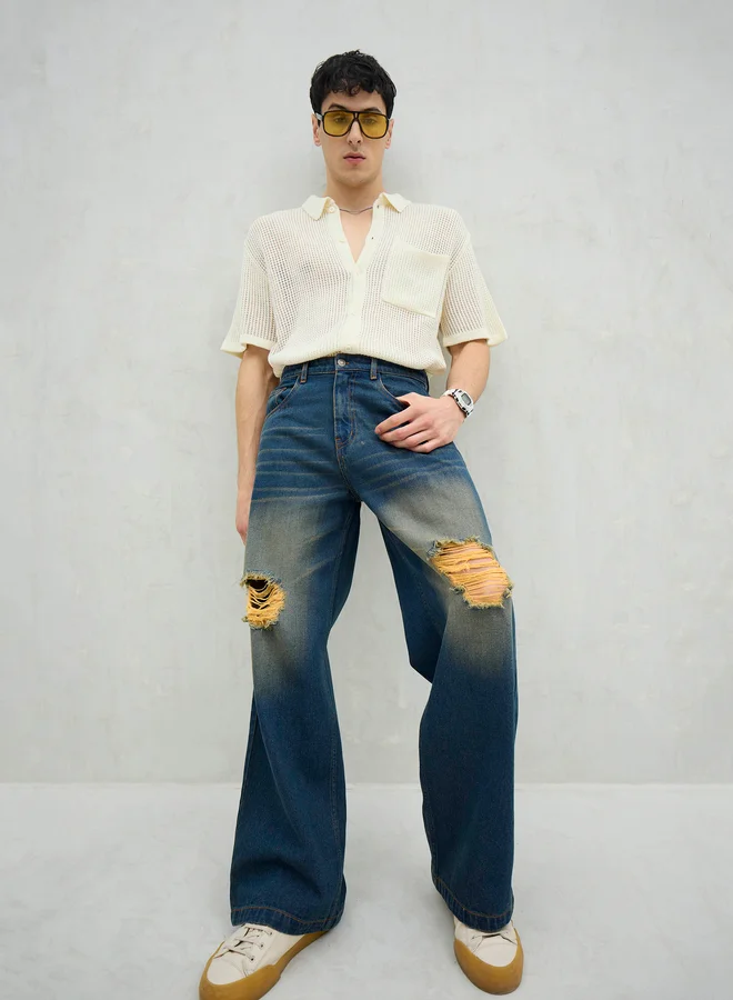 SASSAFRAS Men Blue Washed Distressed Knee Wide Leg Jeans