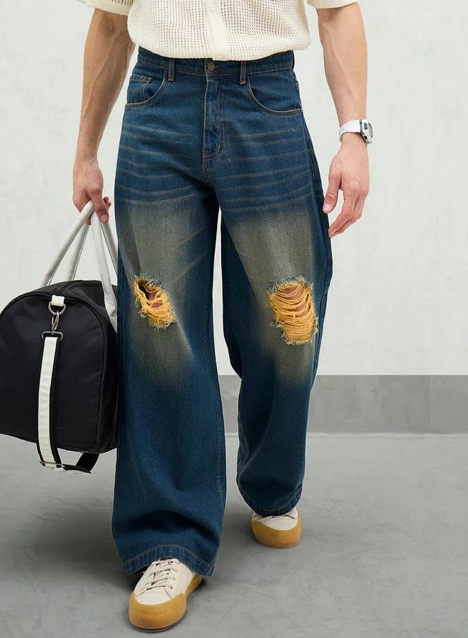 ساسافراس Sassafras Men Blue Washed Distressed Knee Wide Leg Jeans