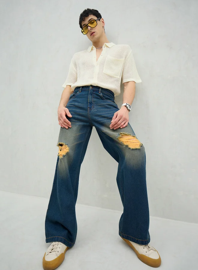 ساسافراس Sassafras Men Blue Washed Distressed Knee Wide Leg Jeans
