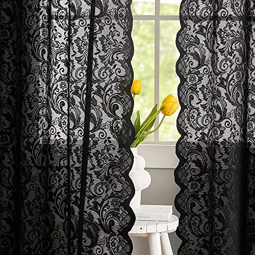 ALIGOGO Black Lace Curtains 63 Inch Length Victorian Vintage Floral Sheer Curtain Panels for Halloween Luxury Gothic Curtains for Bedroom Witchy/Goth/Moody Room Decor, 52 x 63 Inch, Black - Image 2