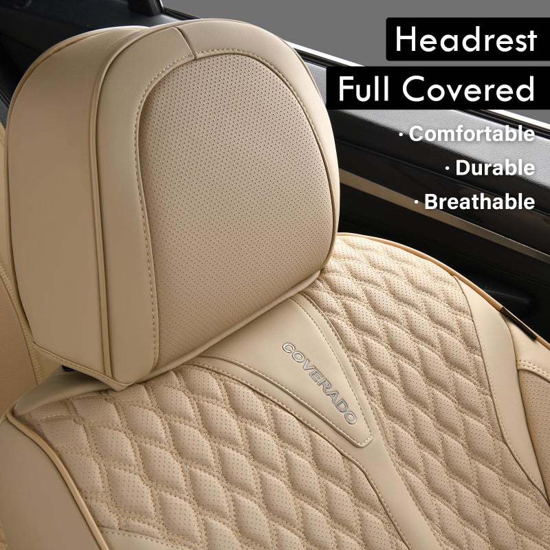 Coverado Seat Covers Front Seats, Waterproof Car Seat Covers, Luxury Leather Seat Covers for Cars, Automotive Seat Covers Leather Seat Cushion Protector Universal Fit Most Cars SUVs Trucks, Beige - Image 5