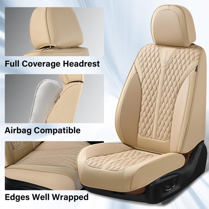 Coverado Seat Covers Front Seats, Waterproof Car Seat Covers, Luxury Leather Seat Covers for Cars, Automotive Seat Covers Leather Seat Cushion Protector Universal Fit Most Cars SUVs Trucks, Beige - Image 2