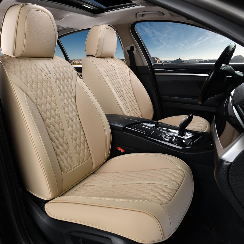 Coverado Seat Covers Front Seats, Waterproof Car Seat Covers, Luxury Leather Seat Covers for Cars, Automotive Seat Covers Leather Seat Cushion Protector Universal Fit Most Cars SUVs Trucks, Beige - Image 1