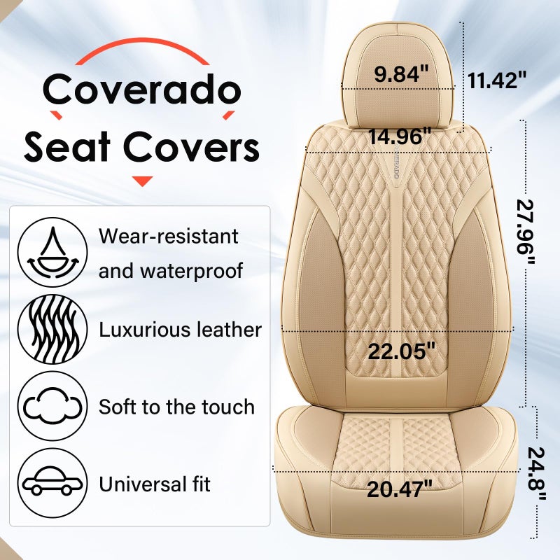 Coverado Seat Covers Front Seats, Waterproof Car Seat Covers, Luxury Leather Seat Covers for Cars, Automotive Seat Covers Leather Seat Cushion Protector Universal Fit Most Cars SUVs Trucks, Beige - Image 4