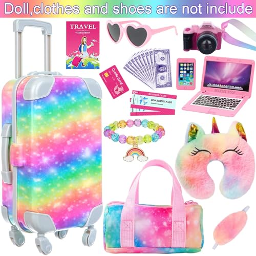 K. T. Fancy K.T. Fancy 23 PCS American 18 Inch Doll Accessories Suitcase Luggage Travel Set - Rainbow Suitcase Rainbow Bag Camera Computer Cell Phone Neck Pillow Eye Mask Glasses Gift for Christmas (NO Doll) - Image 2