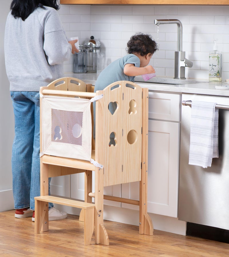 Avenlur Laurel 4 in 1 Foldable Kitchen Tower Step Stool for Toddlers Ideal for Kitchen Living Room Playroom and More with Integrated Chalkboard Children Stool