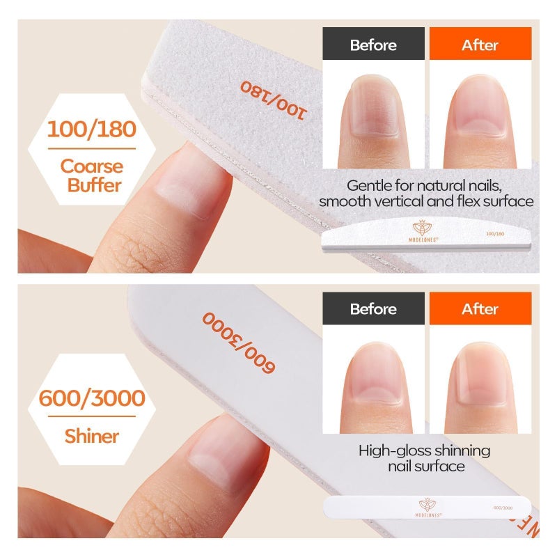 Modelones Nail Files and Nail Buffers Blocks 4 PCS, Double Side Trimed & Shaped Emery Board 100/150/180 Grits 600/3000 Nail Shine Polishing Stick, Reusable Washable Anti-bend Anti-drop Particles White - Image 4