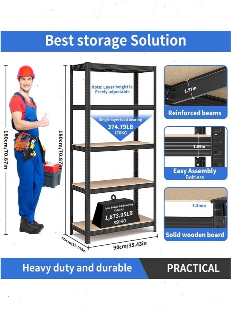 يواوليتي رف تخزين سميك من 5 طبقات ورفوف تخزين - رفوف قابلة للتركيب بدون براغي، رف تخزين مطبخ سهل الفك والتركيب للمرآب والمطبخ والطابق السفلي والمخزن (أسود) - Image 3