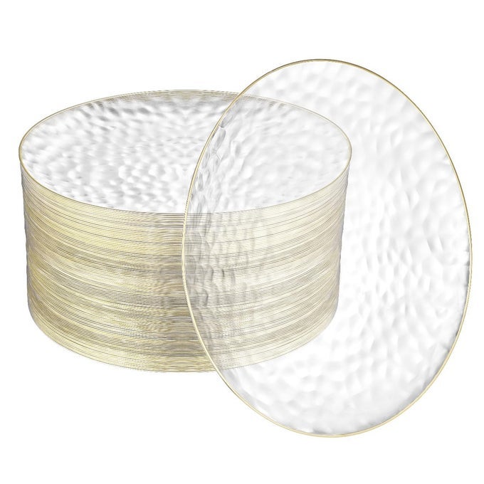 100 PACK CLEAR PLASTIC PLATES FOR WEDDING 10 IN HAMMERED GOLD RIMMED STURDY DURABLE AND EXTRA HEAVY DUTY GOLD PLASTIC PLATES FOR PARTY BULK DISPOSABLE PLATES FOR WEDDINGS
