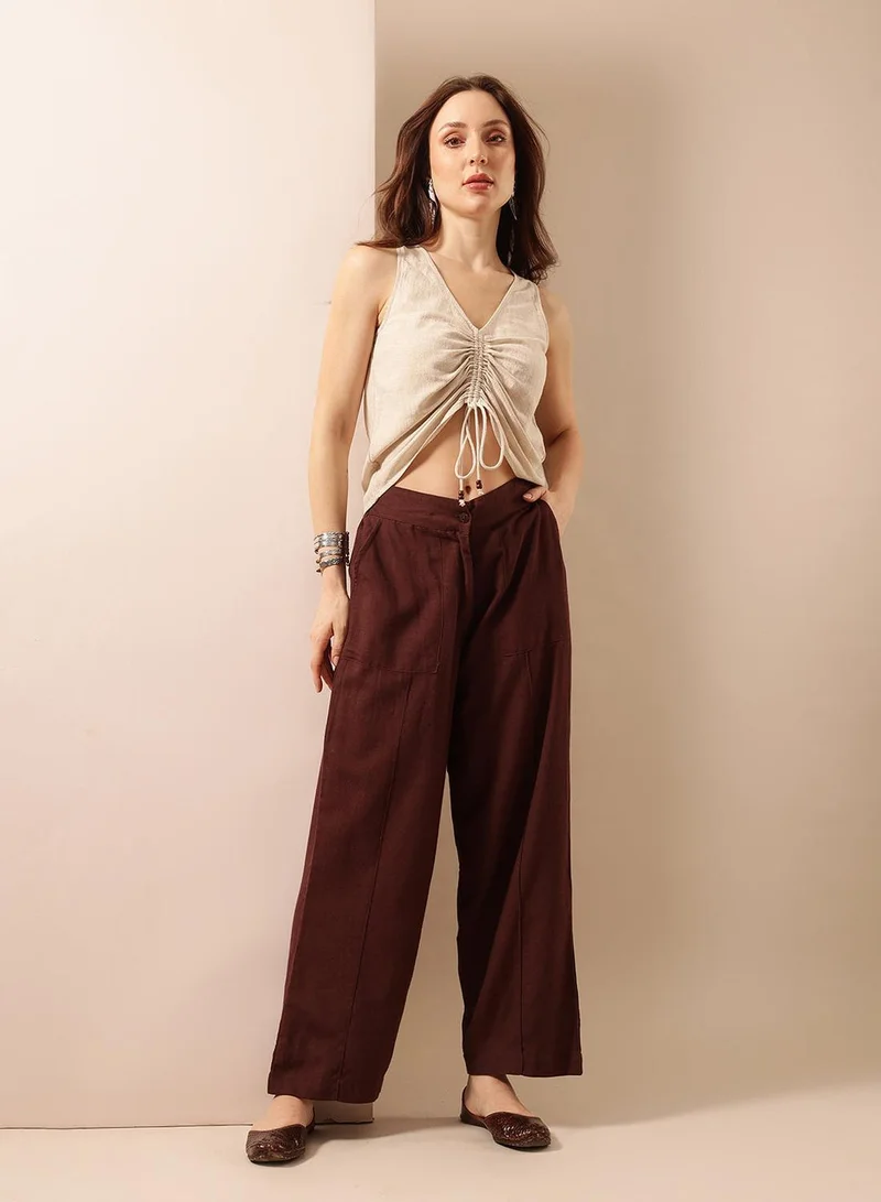 ISHIN Brown Poly Blend Solid Print Full Length Palazzo Flared Trouser For Women