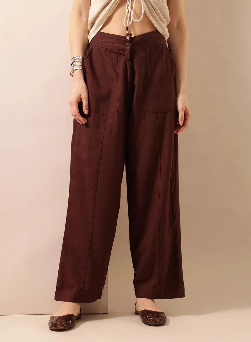 ISHIN Brown Poly Blend Solid Print Full Length Palazzo Flared Trouser For Women