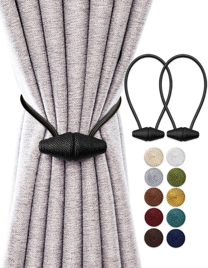 Magnetic Curtain Tiebacks with Upgrade Larger Magnet 2 Pack 16 Inch Drapery Holdbacks for Indoor Outdoor Curtain Black