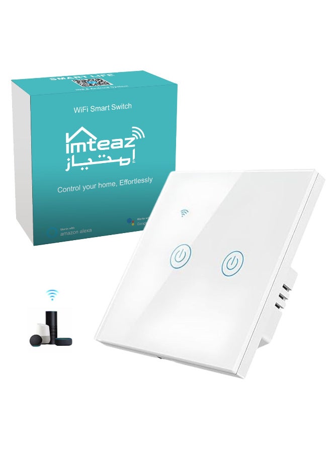 Imteaz WiFi Smart Wall Light Switch, No Neutral Wire Required, No Hub Required, Compatible with Google Home&, Touch & App Remote Control, Timing Function & Voice Control  (Gang 2, White) - Image 1