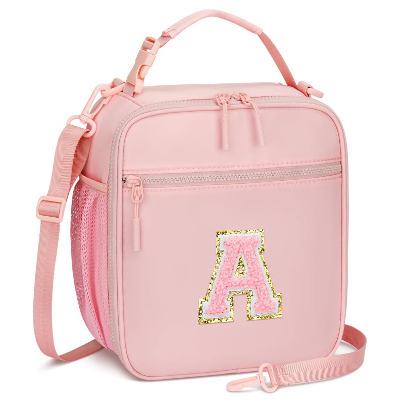 CLOUDWINGS Initial Insulated Lunch Bag for Girls Kids, Back to School Gift, Reusable Leak-proof Lunch Box with Adjustable Strap for School Daycare Travel Picnic (Pink,A) - Image 1