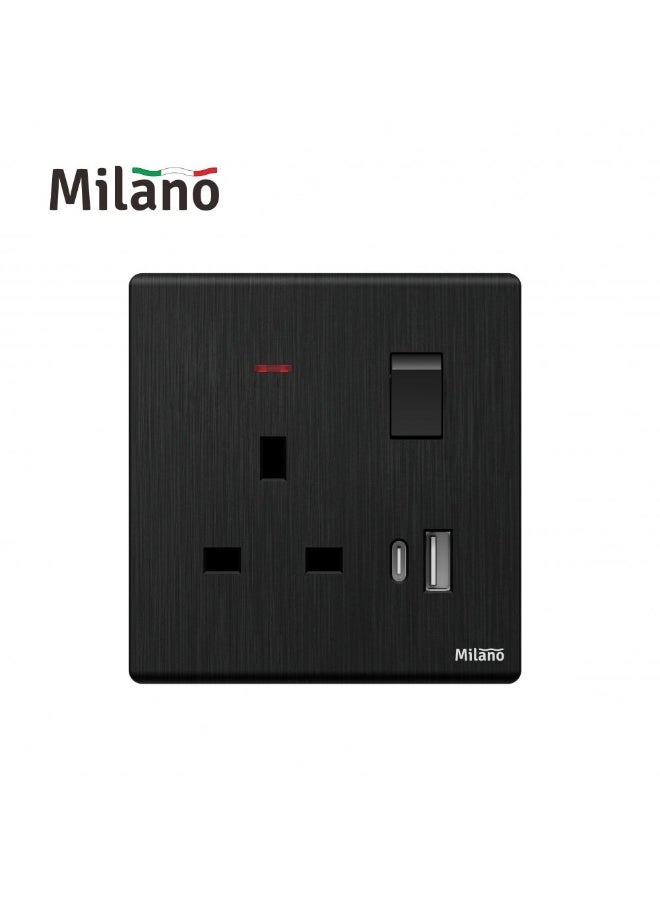 DANUBE HOME Milano Aura 13A Socket With Neon & Usb Type A+C - Brushed Black Finish Durable Fire Retardant Pc Material/Silver Point Red Copper Electrical Switch Home Electronic Accessories - 8.6X9X4Cm 