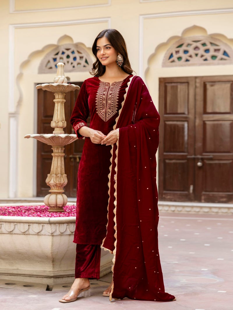 TRENDMALLS Women's Velvet Embroidery Salwar Suit Set Kurta Pant with Dupatta (G321-Maroon-S) - Image 3