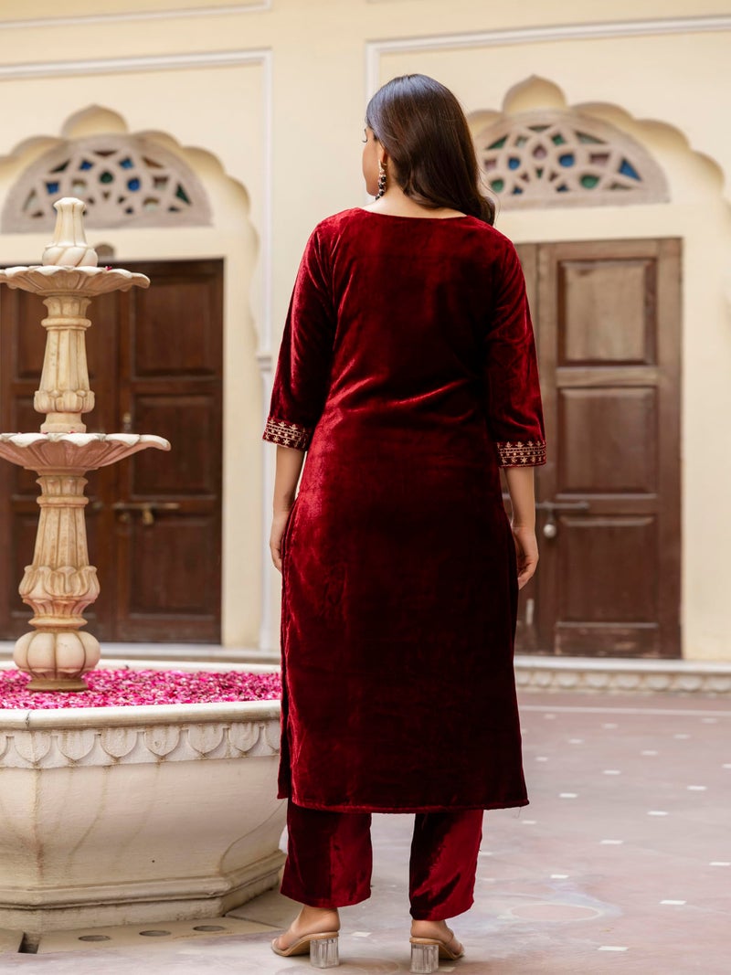 TRENDMALLS Women's Velvet Embroidery Salwar Suit Set Kurta Pant with Dupatta (G321-Maroon-S) - Image 2