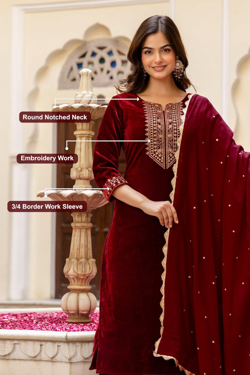 TRENDMALLS Women's Velvet Embroidery Salwar Suit Set Kurta Pant with Dupatta (G321-Maroon-S) - Image 4
