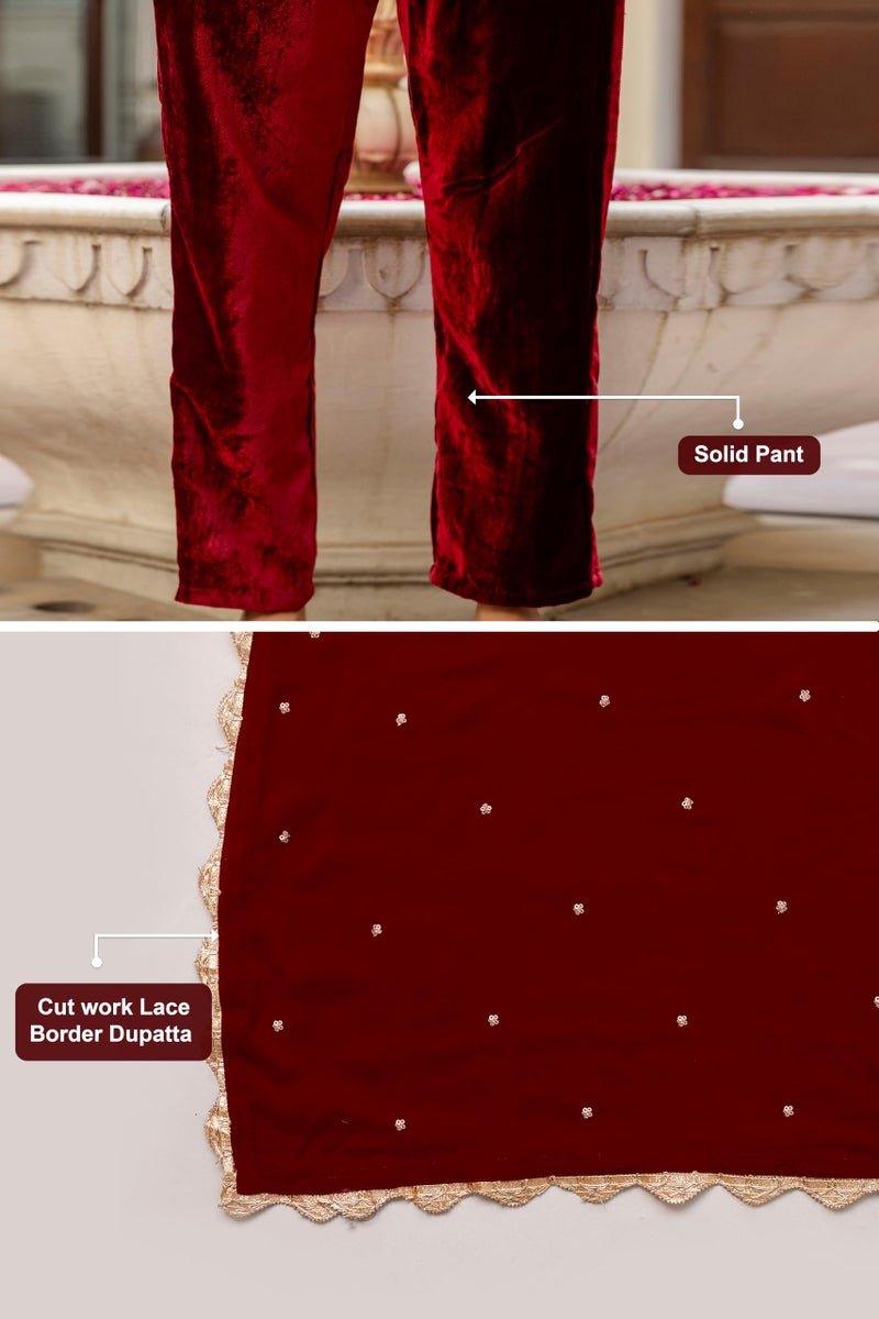 TRENDMALLS Women's Velvet Embroidery Salwar Suit Set Kurta Pant with Dupatta (G321-Maroon-S) - Image 5