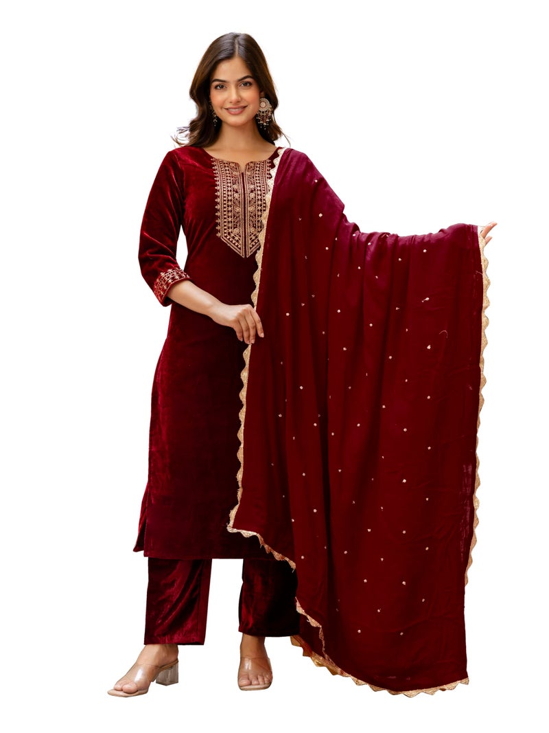 TRENDMALLS Women's Velvet Embroidery Salwar Suit Set Kurta Pant with Dupatta (G321-Maroon-S) - Image 1