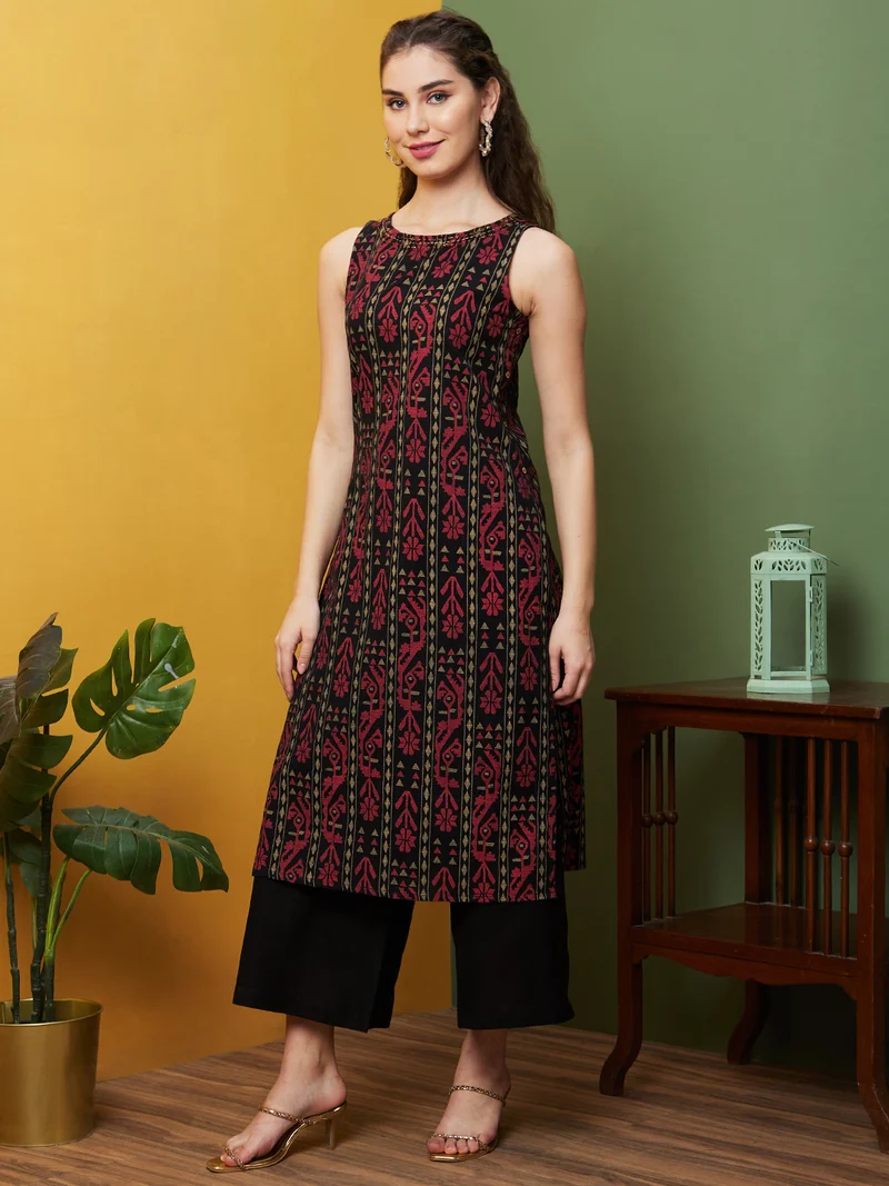 globus Globus Women Ethnic Motifs Kantha Work Kurta & Trouser Set