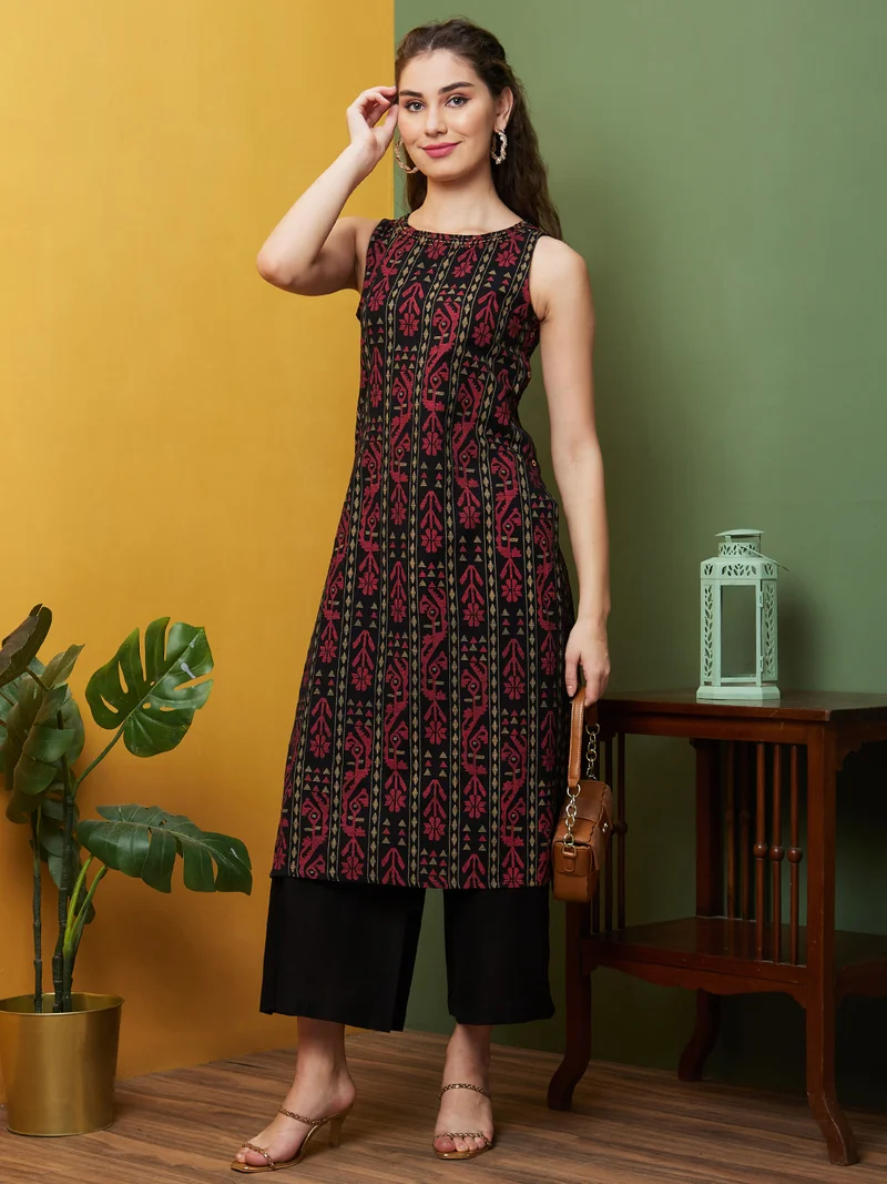 globus Globus Women Ethnic Motifs Kantha Work Kurta & Trouser Set