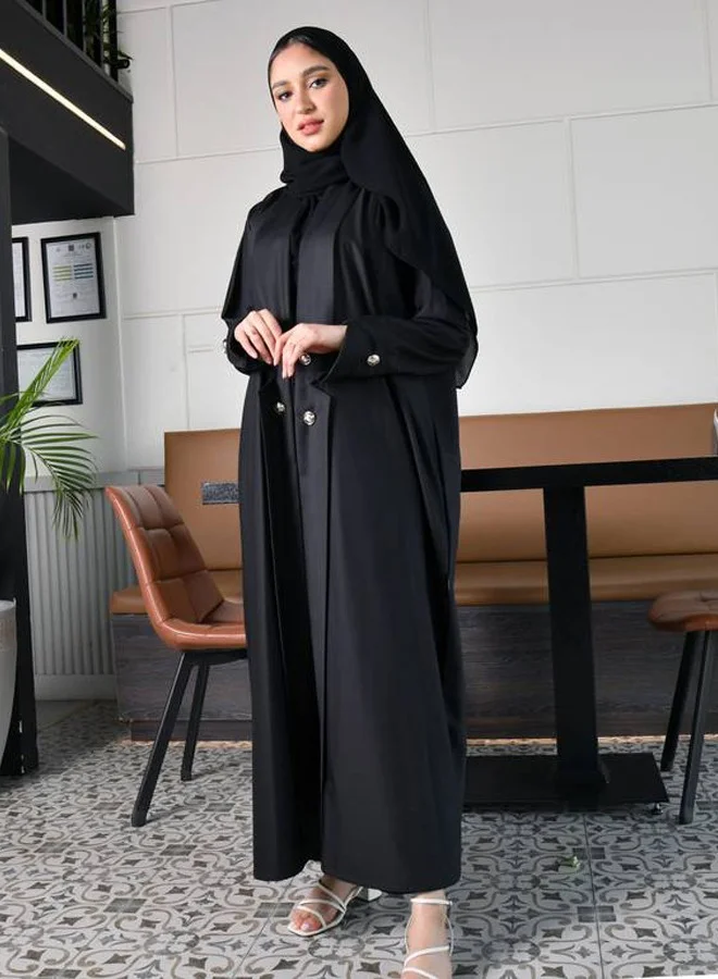 عبايات حوراء عباية مفتوحة بياقة رسمية طويلة و ازرار فضية بقماش حريري بلمعه متوسطة
