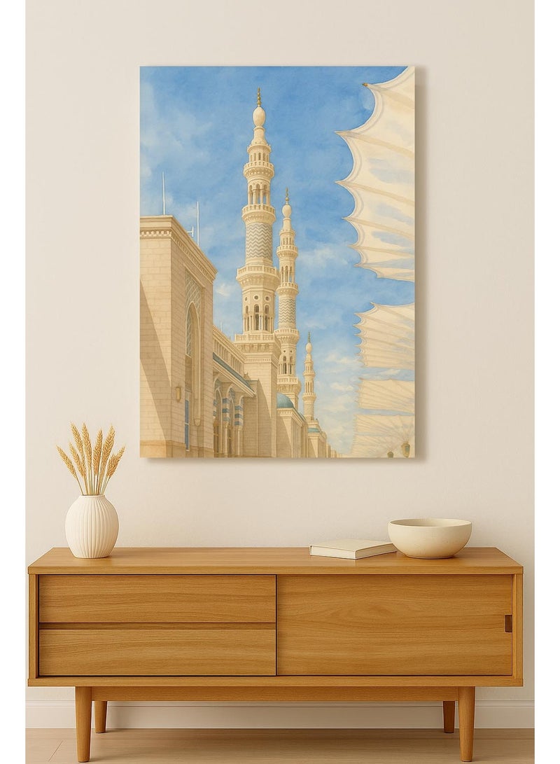 تذكار لوحة كانفاس مطبوعة بإطار خشبي  لمآذن المسجد النبوي  فن مائي هادئ من تذكار - Image 1