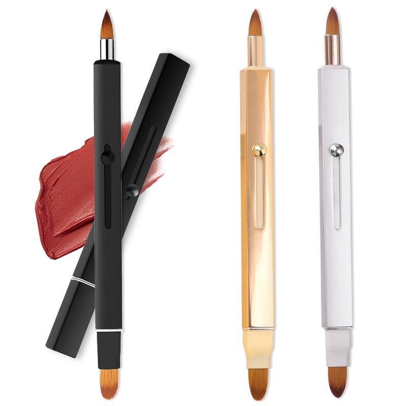 Ideal Swan 3 Pack Lip Brush for Lipstick Makeup Brushes DoubleEnded Retractable Lip Brush with Cap Dustproof for Lipstick Gloss Creams Portable with CapBlack Gold Silver - Image 3