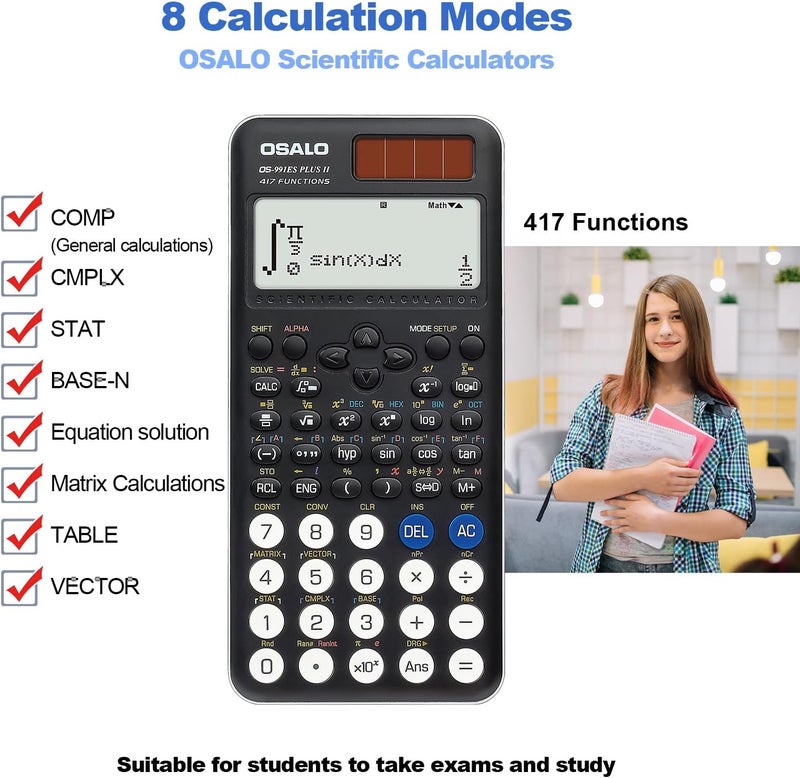 OSALO Scientific Calculator 417 Function 2 Line 10+2 Digits Written Display Solar and Battery Calculators for Students Secondary School College (OS 991ES Plus 2nd Edition) - Image 3