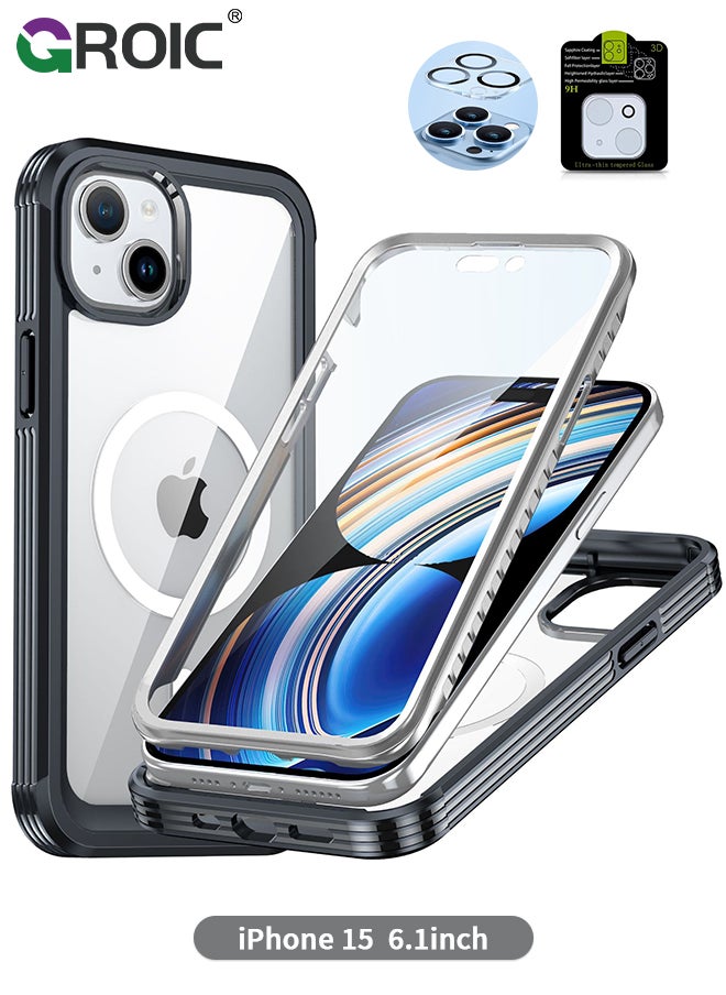 GROIC - For iPhone 15 Case [Compatible with MagSafe] Full-Body Magnetic Bumper Shell with Built-in 9H Tempered Glass Screen Protector and Camera Lens Protector,Shockproof Bumper Phone Cover - Image 1