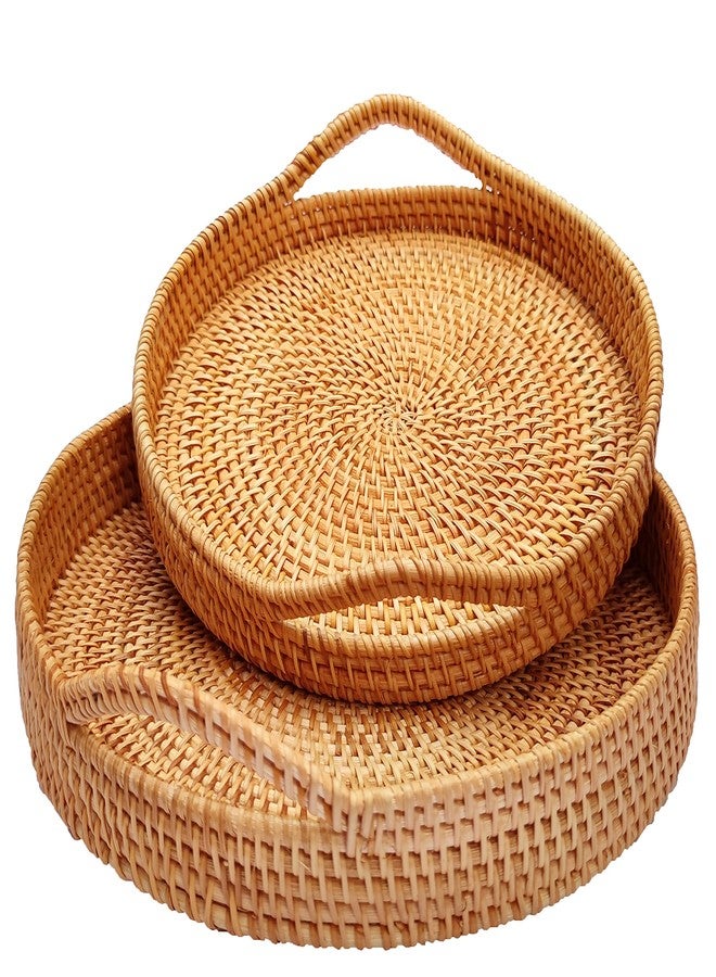 ANKUR Handmade Round Rattan- Serving Tray-Decorative Woven Ottoman-Trays with Handles for Coffee Table Natural Basket Wave Tray (L- 13.7 Inch & M-11.8 Inch) - Image 1