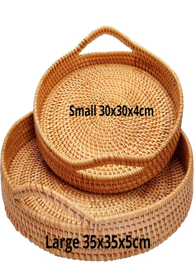 ANKUR Handmade Round Rattan- Serving Tray-Decorative Woven Ottoman-Trays with Handles for Coffee Table Natural Basket Wave Tray (L- 13.7 Inch & M-11.8 Inch) - Image 2