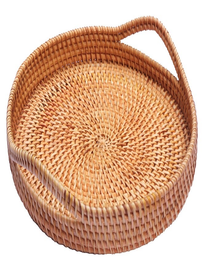 ANKUR Handmade Round Rattan- Serving Tray-Decorative Woven Ottoman-Trays with Handles for Coffee Table Natural Basket Wave Tray (L- 13.7 Inch & M-11.8 Inch) - Image 4