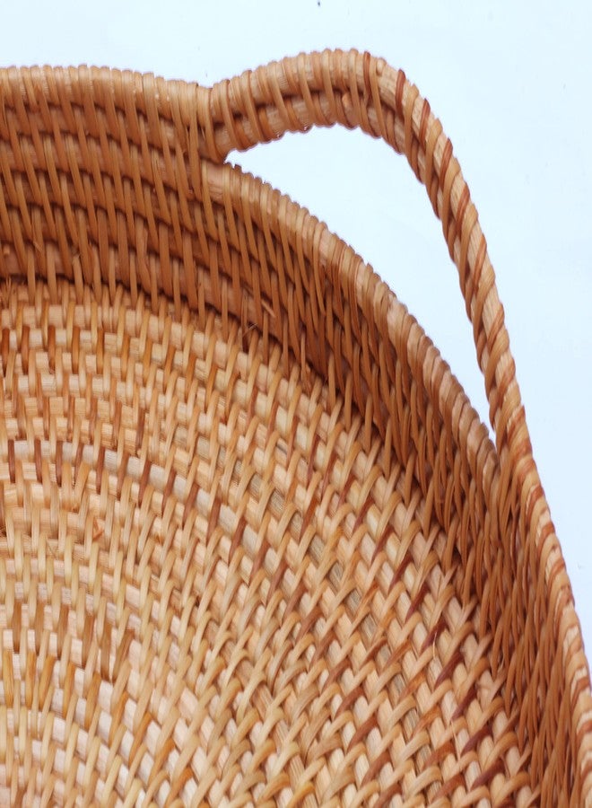 ANKUR Handmade Round Rattan- Serving Tray-Decorative Woven Ottoman-Trays with Handles for Coffee Table Natural Basket Wave Tray (L- 13.7 Inch & M-11.8 Inch) - Image 3