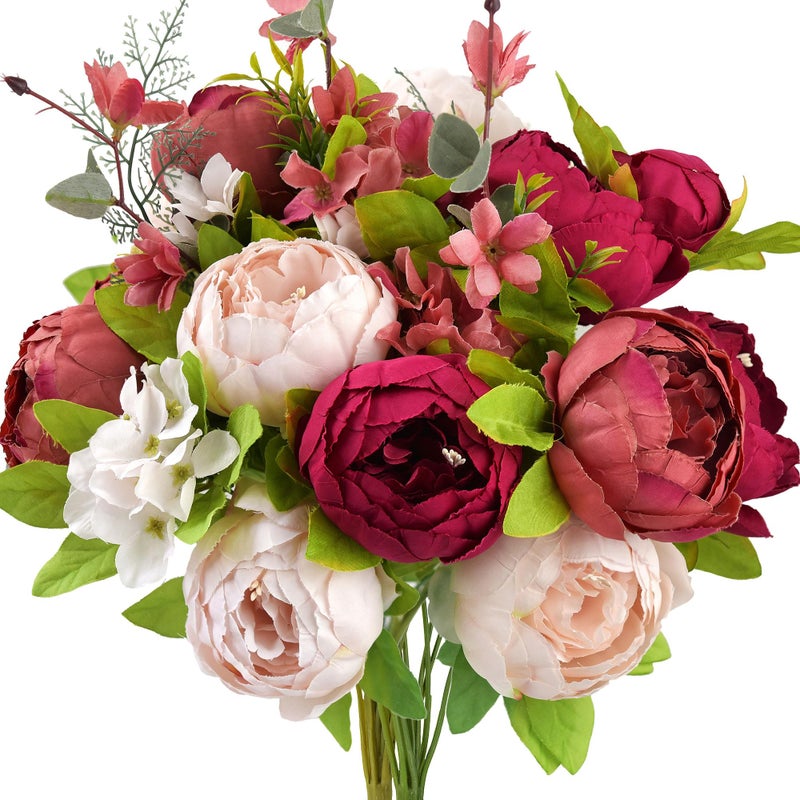 FiveSeasonStuff Burnt Pink and Dusty Pink Vintage Artificial Peonies Silk Flowers and Hydrangeas for Wedding Bridal Home Decor â€“ Beautiful Floral Centerpiece Bouquet (Fireside Romance) - Image 1