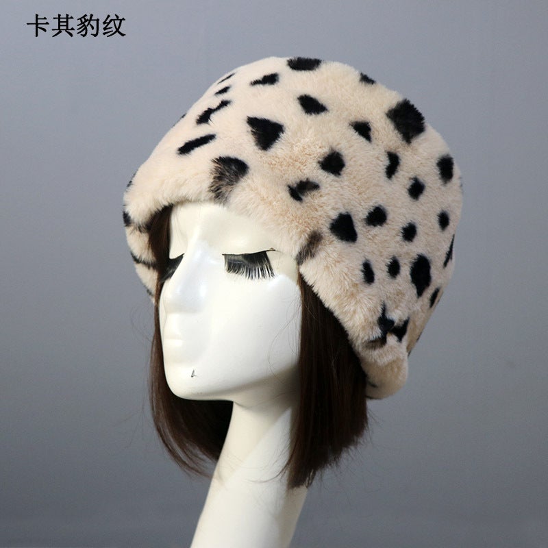 Autumn Winter Faux Rabbit Fur Hat for Adults Khaki leopard print short fur flat hat