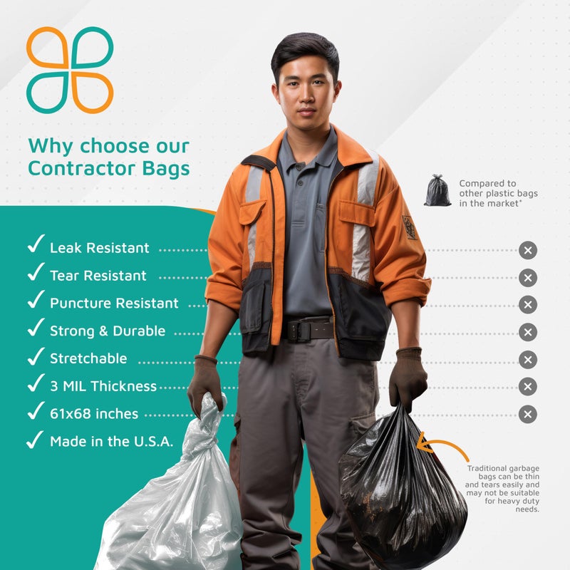 PlasticMill Contractor Bags Heavy Duty - Commercial, Industrial Garbage Bags - Black Construction Trash Bags - Outdoor, Garden Trash Bags, 95-Gallon, 3 Mil, 61"x68" (10-Count) - Image 5