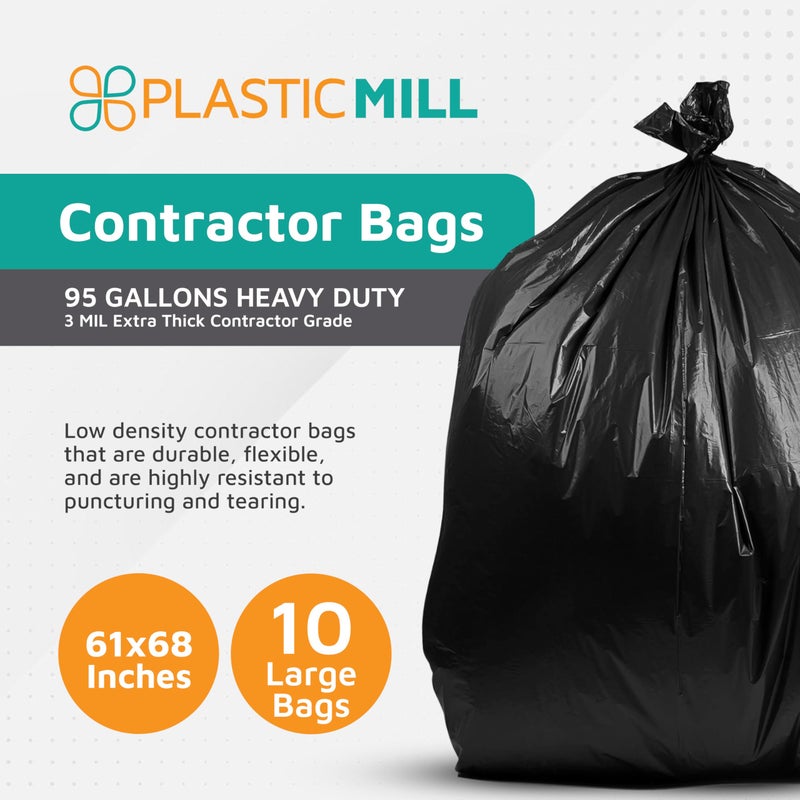 PlasticMill Contractor Bags Heavy Duty - Commercial, Industrial Garbage Bags - Black Construction Trash Bags - Outdoor, Garden Trash Bags, 95-Gallon, 3 Mil, 61"x68" (10-Count) - Image 2
