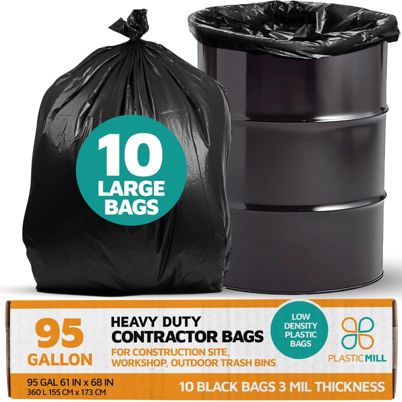 PlasticMill Contractor Bags Heavy Duty - Commercial, Industrial Garbage Bags - Black Construction Trash Bags - Outdoor, Garden Trash Bags, 95-Gallon, 3 Mil, 61"x68" (10-Count) - Image 1